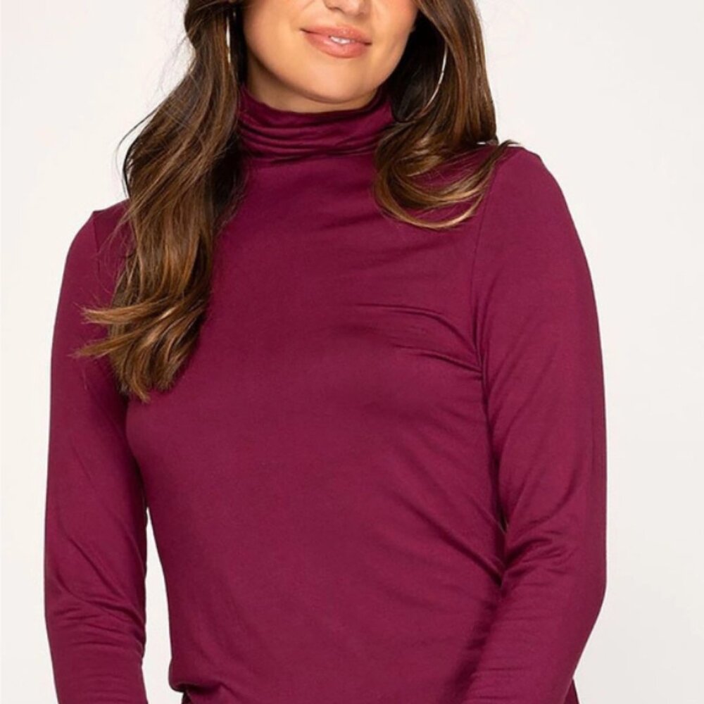 Mock Neck Long Sleeves Jersey Knit Top "PLUM"